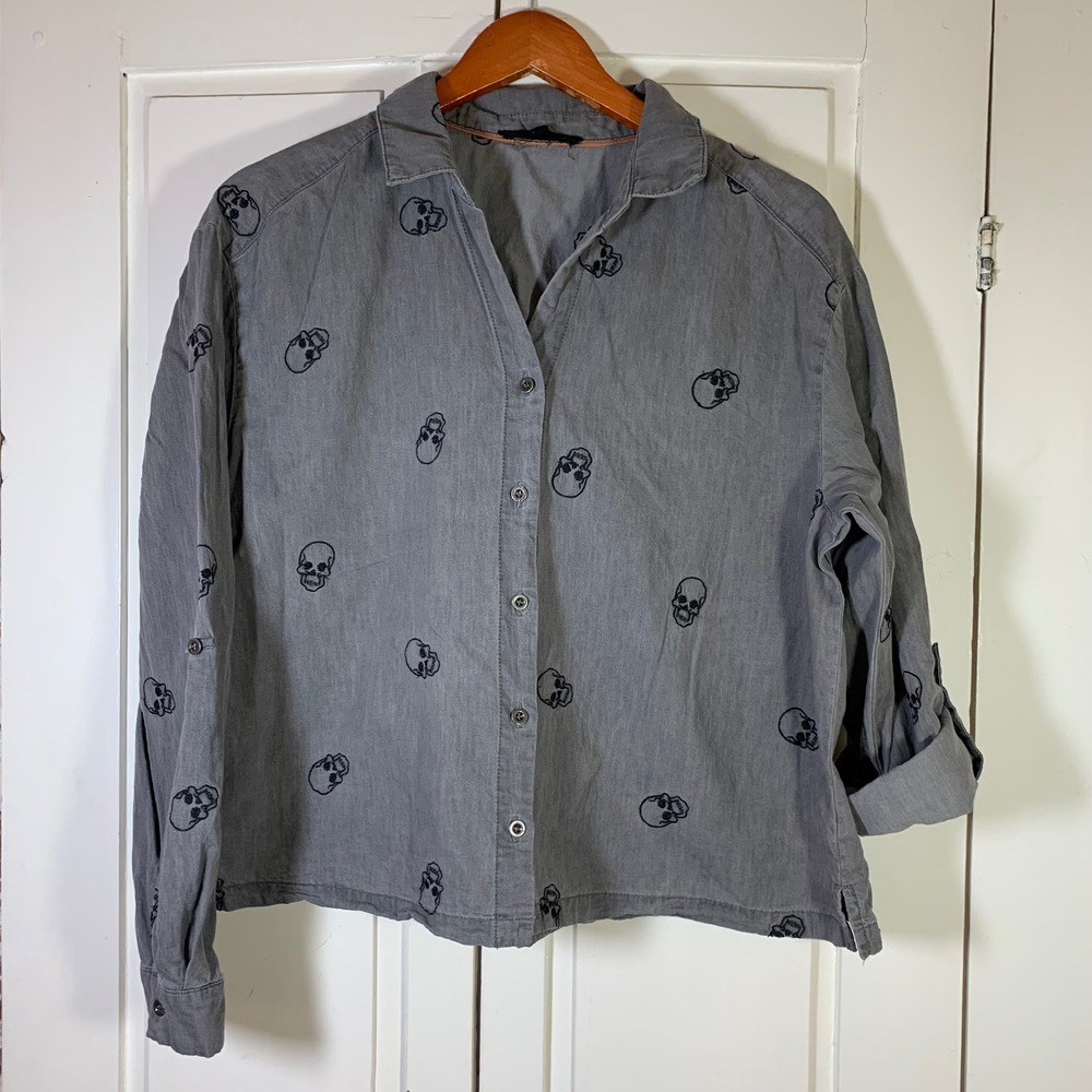 Jane + Delancey Womens Gray Cotton Embroidered Skull Button Down Shirt Large